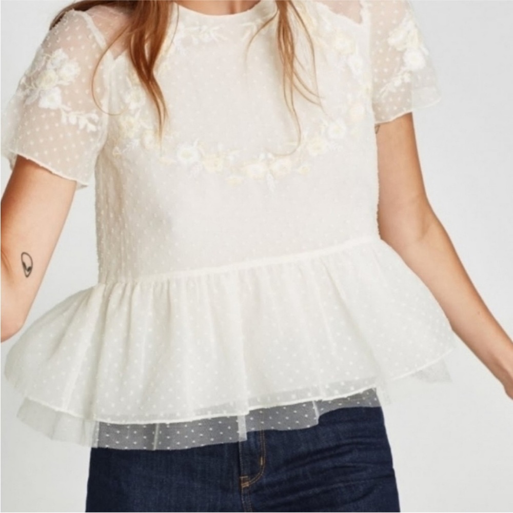 ZARA Short Sleeve Swiss Dot Sheer Tulle Blouse with Embroidered Flowers Small